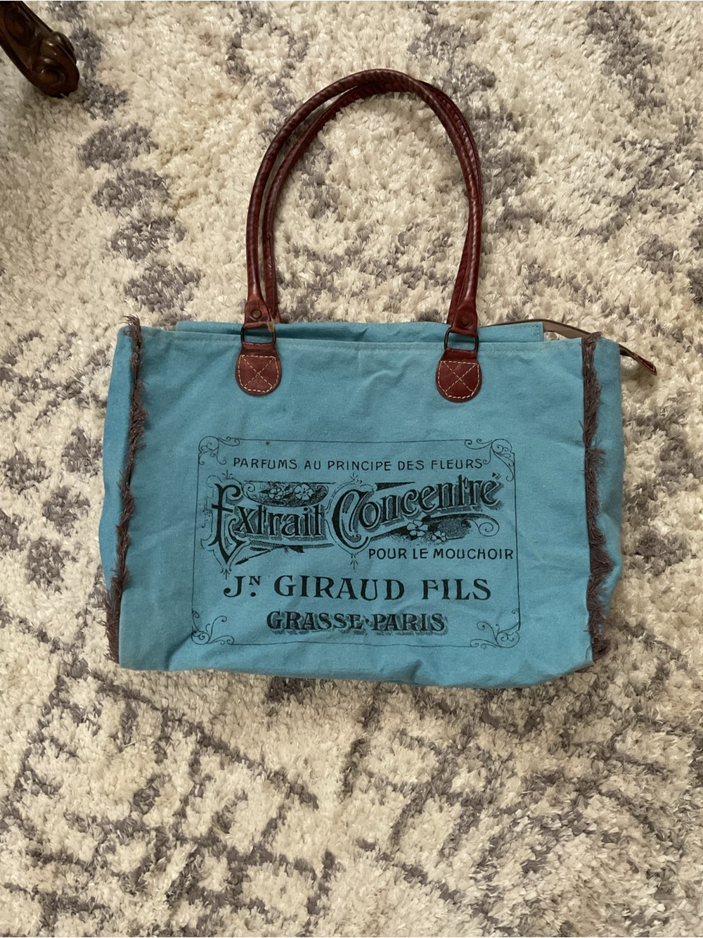 Clea Ray blue canvas Tote with Brown Leather Handles